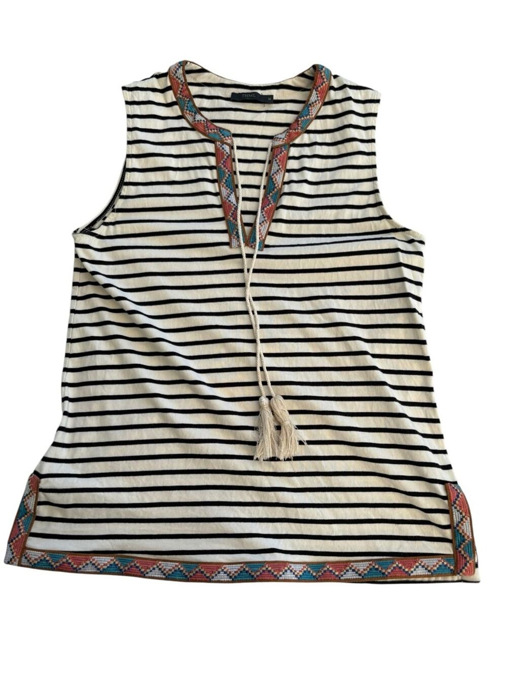 THML size medium Striped Sleeveless Embroidered Trim tank top black white